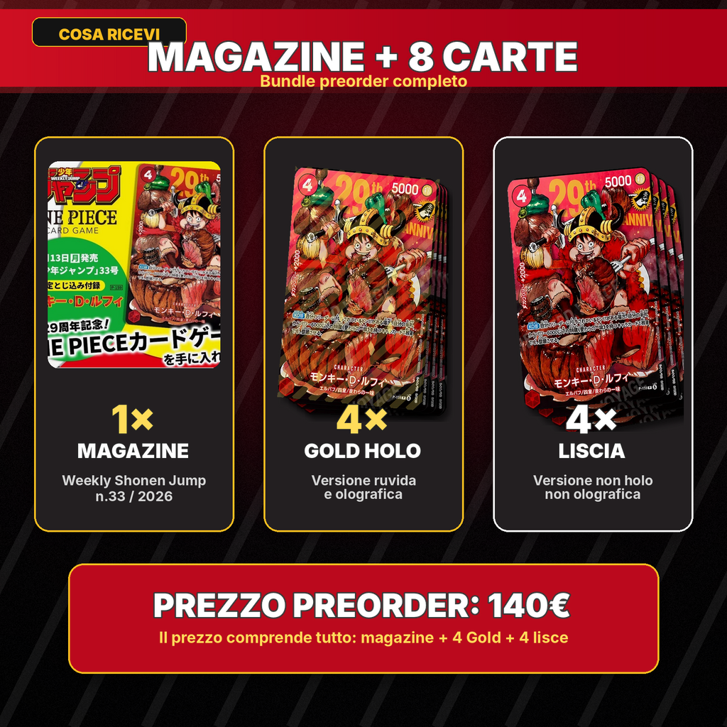 PREORDINE – Magazine Weekly Shonen Jump 33/2026 + One Piece P-159 Monkey D. Luffy / Rufy – 8 Carte Promo JAP