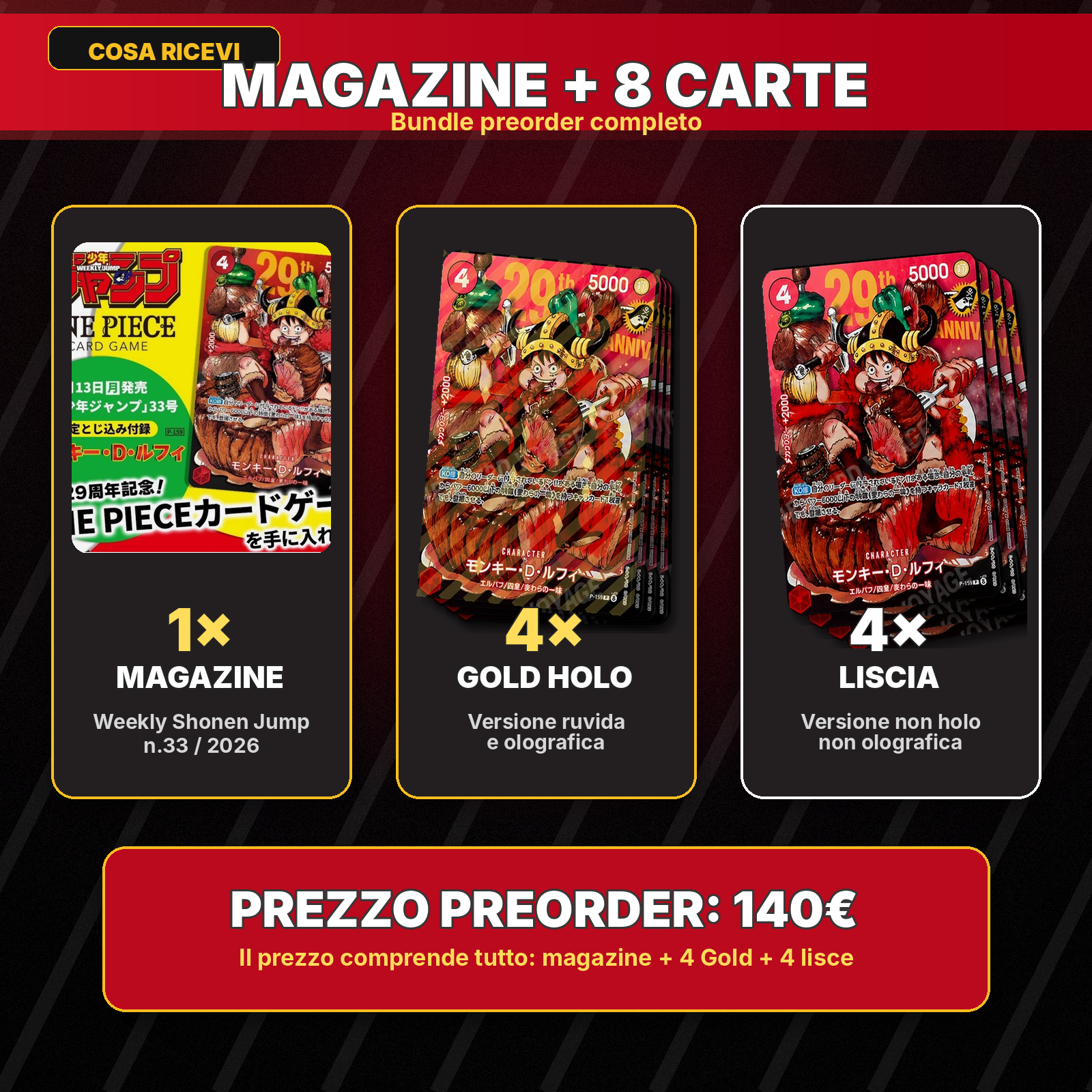 PREORDINE – Magazine Weekly Shonen Jump 33/2026 + One Piece P-159 Monkey D. Luffy / Rufy – 8 Carte Promo JAP