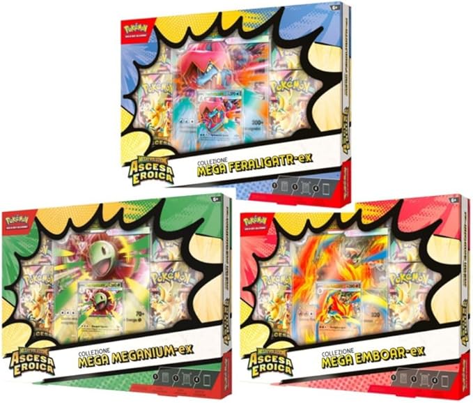 PREORDINE - Pokémon Ascesa Eroica Collezione Mega EX Trio ITA – Mega Emboar ex, Mega Feraligatr ex, Mega Meganium ex (Data di uscita: 24 aprile 2026)